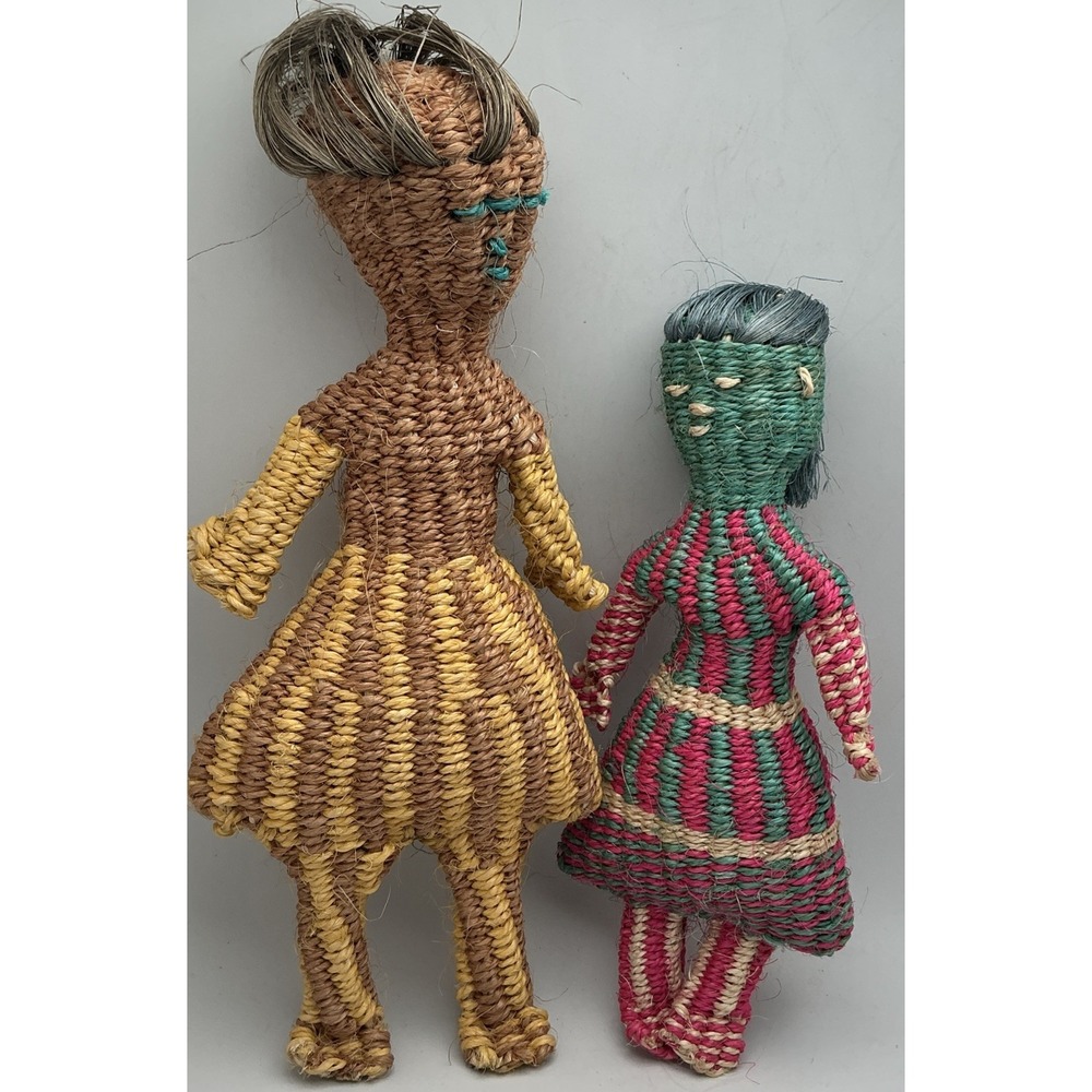Vintage Handmade Coiled Juteβ Rope Folk Art Doll Pair-Rustic Primitive 8"&12"